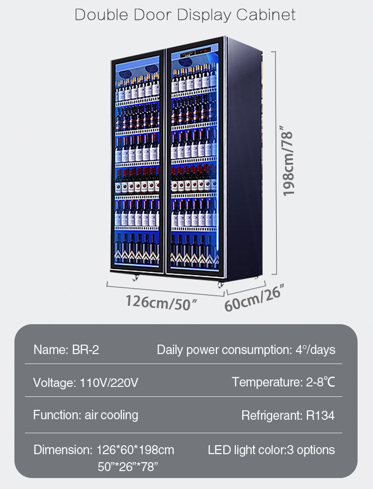 Beverage refrigerated display case with three lighting stainless steel materials and defogging glass freezer showcase