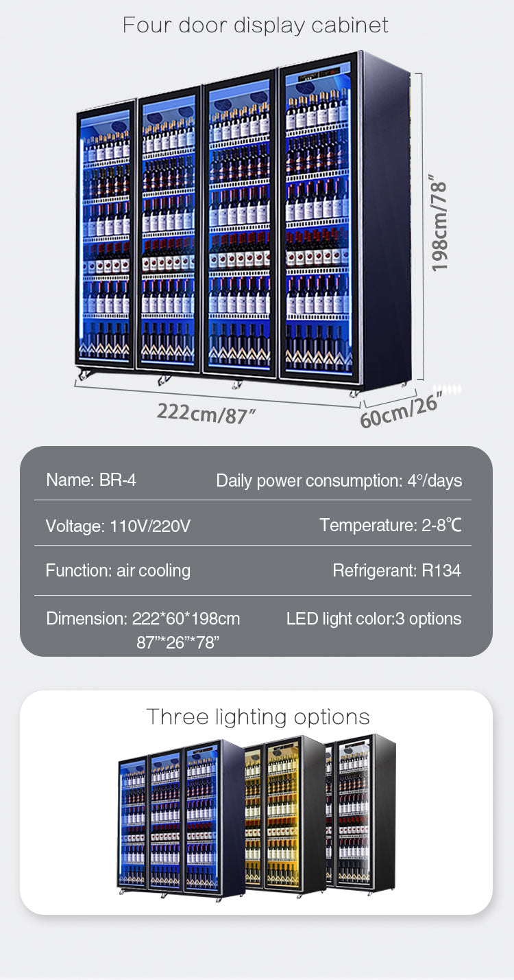 Beverage refrigerated display case with three lighting stainless steel materials and defogging glass freezer showcase