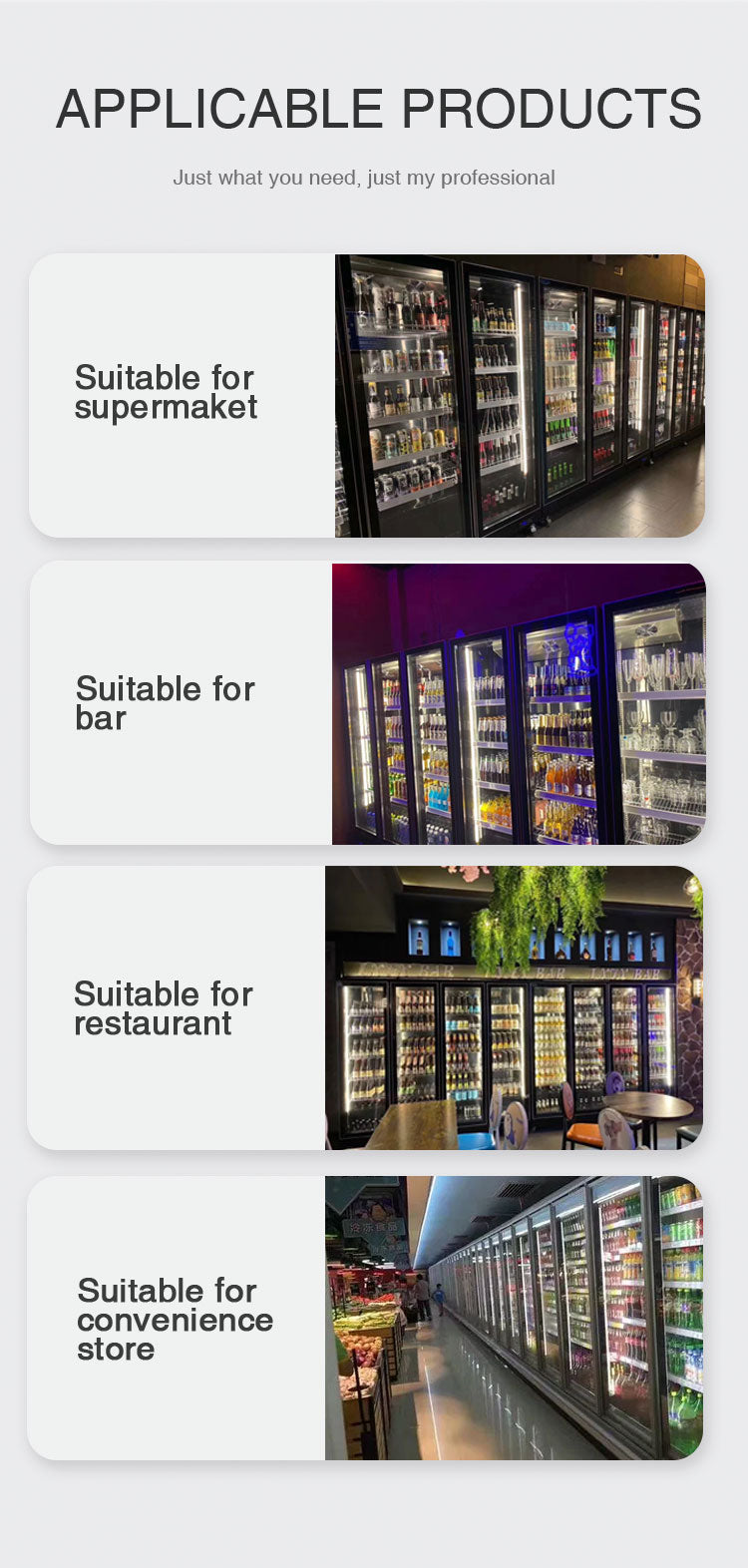 Beverage refrigerated display case with three lighting stainless steel materials and defogging glass freezer showcase